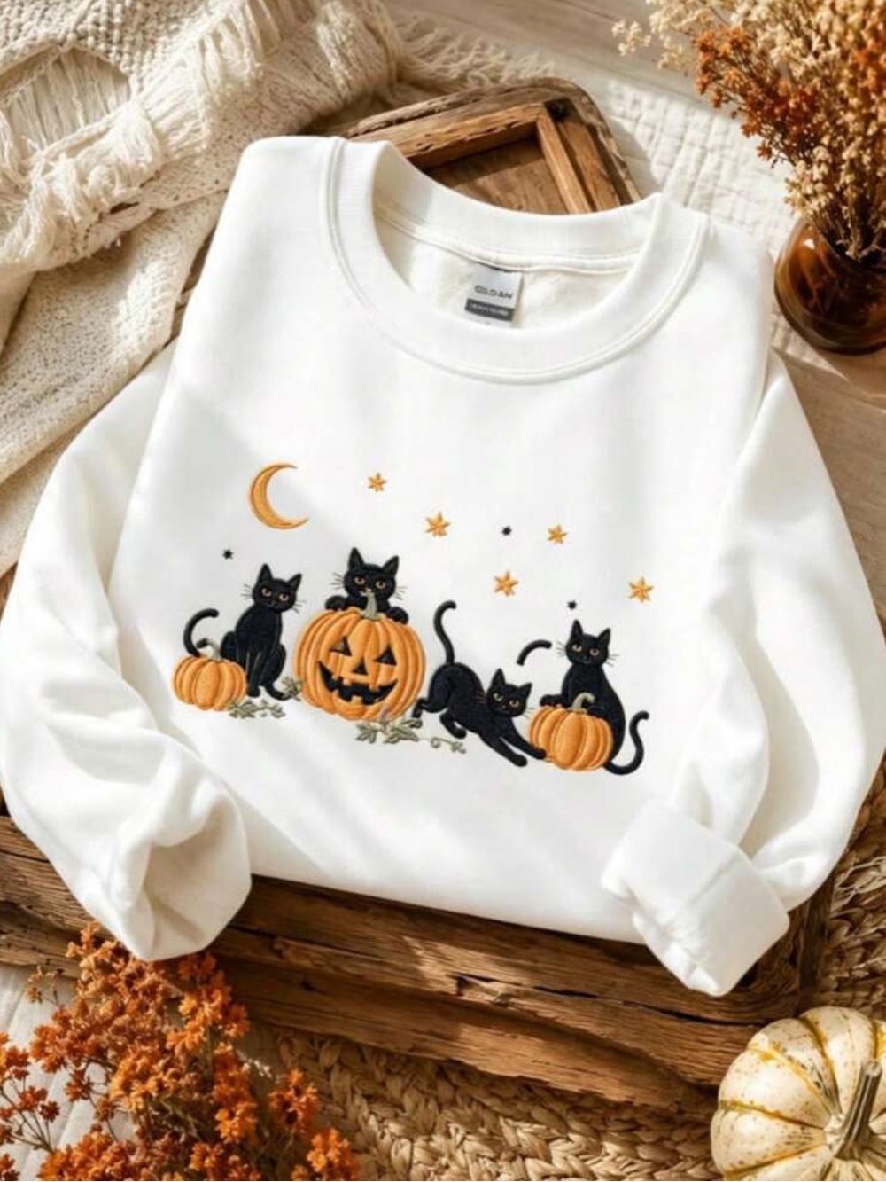 Black Cats & Pumpkin Graphic Embroidered Sweater